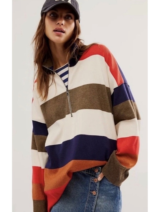 Free People Sweaters - Free People Coastal Stripe Half Zip Pullover Oversized Small Blokecore Fisherman